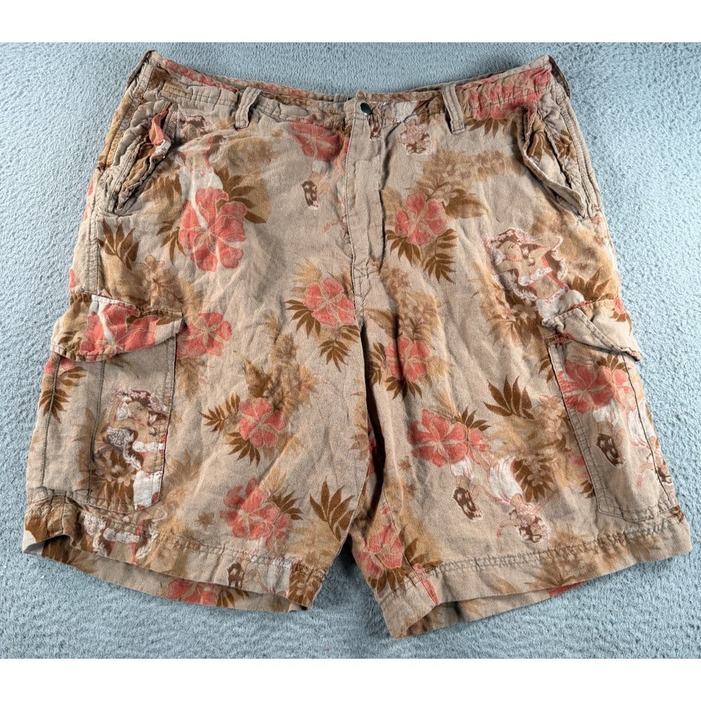 Vtg Tommy Bahama Relax Cargo Shorts Men 40 Linen Floral Mermaid Print 10" Inseam